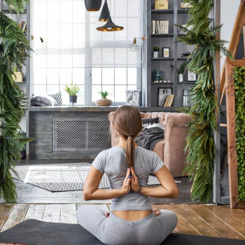 ponytail living room yoga rear woman PFP