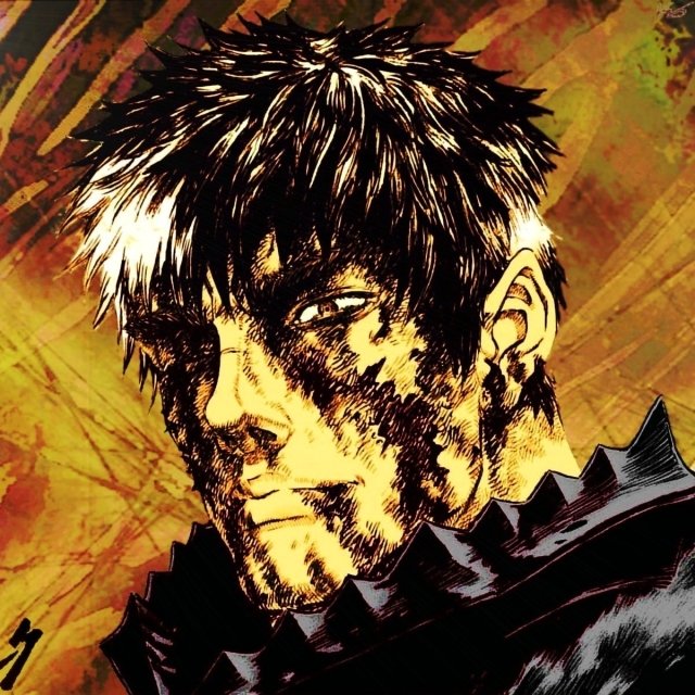 Gritty anime close-up of Guts (Berserk) - battle-scarred face, dark armor and intense gaze, styled as a forum avatar/pfp on an orange-gold textured background.