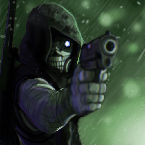 Avatar image of Death Gun from Sword Art Online II, wearing a hood and pointing a gun, with a dark, green, and rainy background.