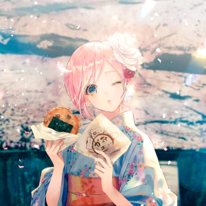 spring blossom wink short hair pink hair petal flower kimono Anime girl anime girl Spring Anime PFP