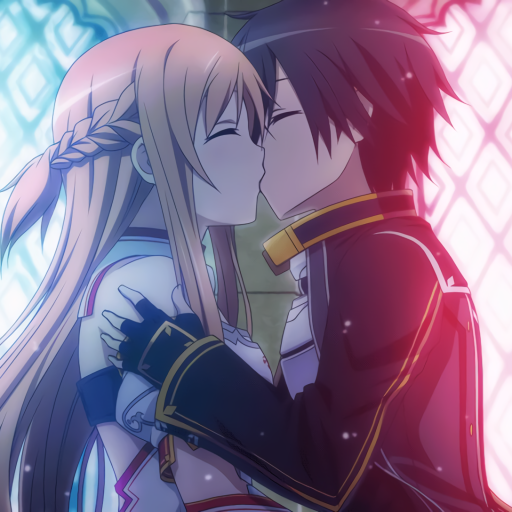 Forum avatar of Kirito (Kazuto Kirigaya) and Asuna Yuuki from Sword Art Online — anime-style close-up of the pair sharing a tender kiss in a stained-glass-lit embrace.