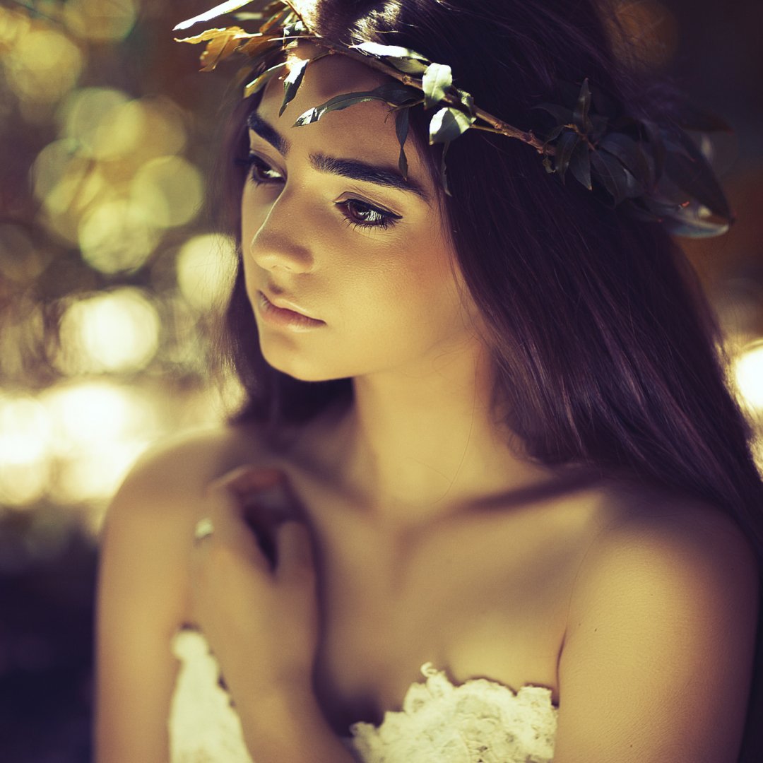 Forum avatar of a brunette woman wearing a leafy wreath; close-up face against warm bokeh, conveying a soft, contemplative mood.