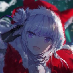 Forum avatar/pfp of Emilia (Re:Zero) — anime-style, wearing a Santa outfit and hat, purple-eyed smile against a snowy Christmas background.