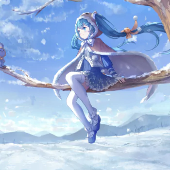 Anime-style Hatsune Miku (Vocaloid) in a winter cloak with twin tails, sitting on a snowy branch under a bright blue sky — forum avatar/profile picture.