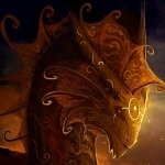 Fantasy dragon forum avatar: ornate golden-brown dragon head in warm light, intricate swirling scales and a glowing eye, stylized and slightly abstract.