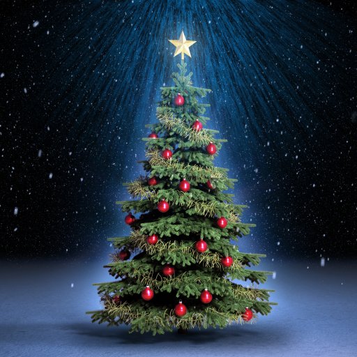 Forum avatar/profile photo of a decorated Christmas tree with red ornaments and a glowing star topper against a snowy, dark holiday background.