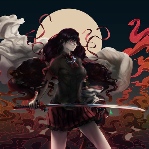 Forum avatar/pfp of Saya Kisaragi (Blood-C): anime girl in a dark school uniform with red eyes, gripping a katana beneath a full moon, surrounded by swirling red and white smoke.