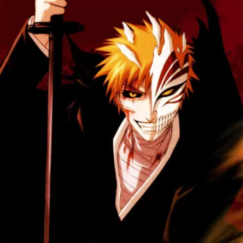 Profile image of Ichigo Kurosaki from the anime Bleach, featuring his distinctive half-Hollow mask and intense gaze against a dark background.