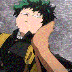 Profile avatar of Izuku Midoriya (My Hero Academia): anime-style portrait showing green-haired Izuku in his school uniform, lying back with a tired, deadpan expression.