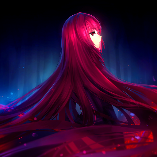 Anime-style forum avatar featuring Scathach from Fate/Grand Order with flowing long red hair against a dark, glowing background.