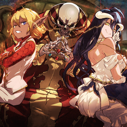 Anime Overlord forum avatar/pfp: Ainz Ooal Gown at center, skeletal overlord flanked by two female guardians in ornate gowns and armor, bathed in dramatic warm lighting.