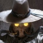 Forum avatar/pfp: a sci-fi warrior wearing a wide-brimmed hat and armored gas mask, glowing yellow eyes beneath a weathered metallic cloak.