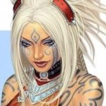 Fantasy-style avatar of a woman with long white hair, intricate facial tattoos, and red accessories, designed as a forum profile picture.