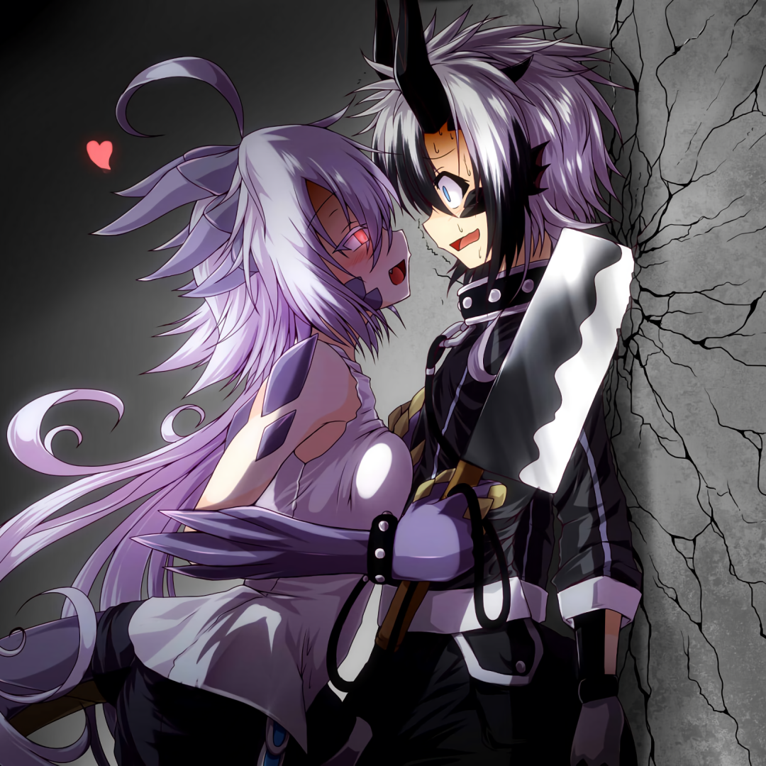 Original anime forum avatar: lavender-haired, blushing girl presses a masked, choker-wearing boy with a cleaver against a cracked wall, a small pink heart floating above.