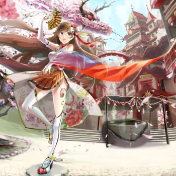 building cherry blossom bow (Clothing) skirt thigh highs brown hair flower city Anime girl anime girl PFP