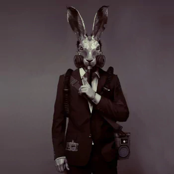 Forum avatar/pfp: anthropomorphic rabbit in a suit with a gas mask and radio, stylized artwork from the video game Deceit.