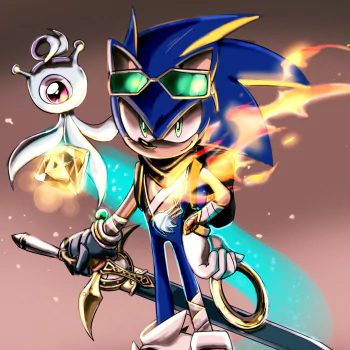 Forum avatar of stylized Sonic the Hedgehog (video game) in blue armor and green goggles, holding a sword with flames trailing, accompanied by a small floating spirit clutching a glowing gem.