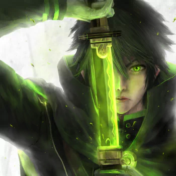 Anime forum avatar of Yūichirō Hyakuya (Seraph of the End), intense close-up with a glowing green sword held before his face.