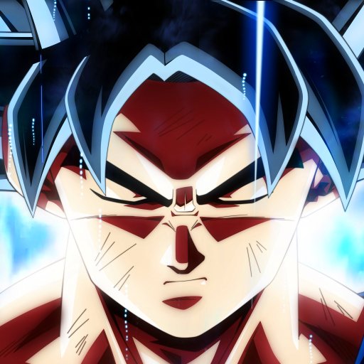 Goku (Dragon Ball Super) close-up with intense expression and glowing blue aura — stylized anime forum avatar/pfp.