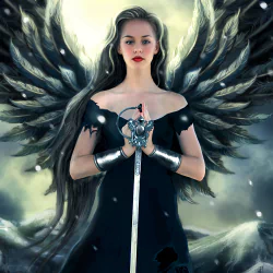 Fantasy-themed profile avatar of a fierce angel warrior with dark wings, holding a sword with both hands, set against a glowing, mystical background.