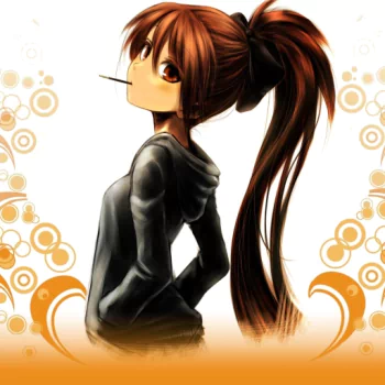 Forum avatar of Kyōko Sakura from Puella Magi Madoka Magica: anime portrait with a long red ponytail, hoodie, and a stick in her mouth against an orange decorative background.