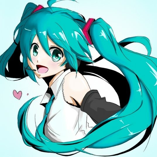Forum avatar of Hatsune Miku (Vocaloid) — anime-style portrait with teal twin-tails, bright green eyes, open-mouth smile, signature white/black outfit and a small pink heart.