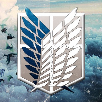 Anime — Attack on Titan forum avatar: split blue-and-white Survey Corps Wings of Freedom emblem centered over a cloudy sky background.