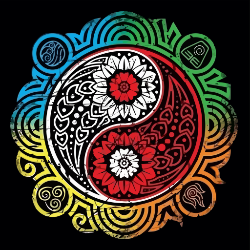 Religious mandala-style Yin Yang avatar on a black background: ornate red and white floral halves with intricate black-and-white patterns, encircled by a rainbow circular border.
