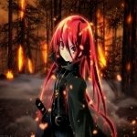 Forum avatar/pfp of Shana (Shakugan No Shana): red-haired anime girl in a dark coat wielding a sword amid a fiery, ember-filled forest.