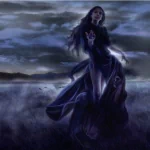 Dark gothic forum avatar/pfp: a lone, long-haired figure in a flowing black dress stands in moonlit mist over a windswept field, wind-tossed hair and a brooding, shadowed atmosphere.
