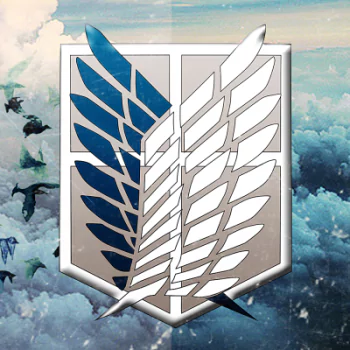 Anime — Attack on Titan forum avatar: split blue-and-white Survey Corps Wings of Freedom emblem centered over a cloudy sky background.