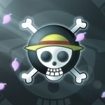 Anime-themed forum avatar featuring the iconic One Piece Jolly Roger skull wearing a straw hat, set against a dark background with subtle pink flower petals.