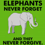 Graphic avatar image featuring an elephant illustration with the phrase Elephants Never Forget And They Never Forgive on a green background.
