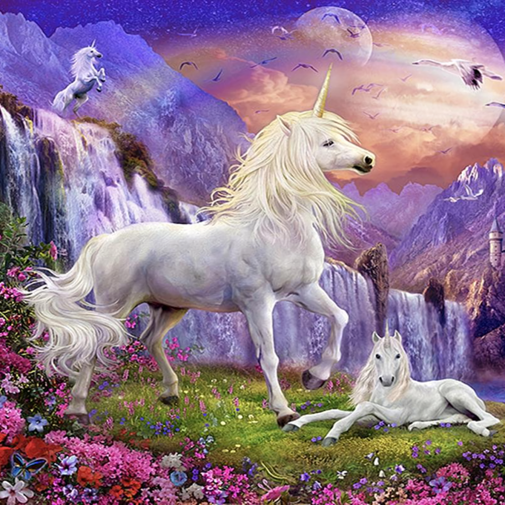 fantasy of unicorns, waterfalls and castles