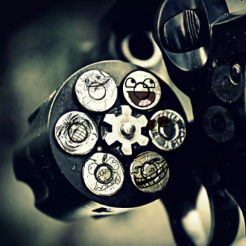 Man-made revolver cylinder close-up with cartoon meme faces on the rounds, edited into a stylized forum avatar/profile photo.