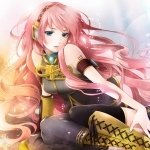 Forum avatar of Vocaloid Luka Megurine: anime-style close-up with flowing pink hair, teal eyes, and gold-accented outfit against a soft pastel background.