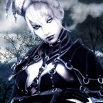 A fantasy woman with white hair and dark, intricate armor stands against a moody, cloudy backdrop. This serves as a unique forum avatar/profile photo.