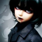 Artistic forum avatar featuring a woman with dark hair, pale skin, and striking eyes, holding a toothpick in her mouth, exuding a moody and mysterious vibe.