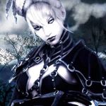 A fantasy woman with white hair and dark, intricate armor stands against a moody, cloudy backdrop. This serves as a unique forum avatar/profile photo.