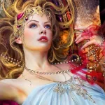 Avatar featuring a fantasy woman with golden hair, adorned in intricate jewelry and elegant clothing, lying against a rich, colorful background.