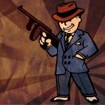 Fallout video game forum avatar: cartoon mobster in a fedora and blue suit, grinning while holding a Tommy gun in a retro Vault Boy–inspired style.