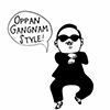 Cartoon avatar of a man dancing with a speech bubble saying Oppan Gangnam Style!