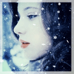 Square forum avatar showing a woman's profile: soft-lit face with dark hair, red lips, and a falling snow/star overlay.