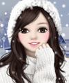 Cartoon-style woman’s face with long dark hair, wearing a white knit hat and sweater, smiling against a snowy background — forum avatar/profile photo.