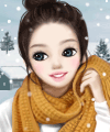 Cartoon forum avatar/profile photo of a smiling young woman’s face with dark hair in a bun, large eyes and rosy cheeks, wearing a mustard scarf against a snowy village background.