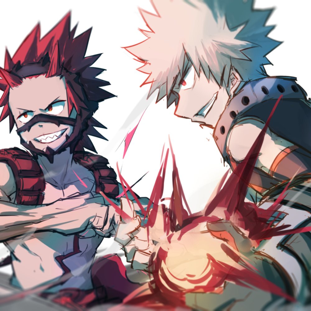 Anime forum avatar: Eijiro Kirishima and Katsuki Bakugou (My Hero Academia) grinning as explosive energy crackles between them.