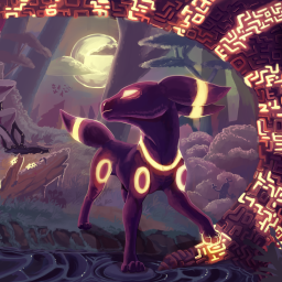 Anime-style Umbreon (Pokémon) forum avatar/pfp: glowing yellow rings and eyes, standing in a moonlit forest framed by a neon-etched arch.