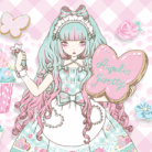 Anime-style original artwork of a pink-haired girl in a pastel dress holding a butterfly, set against a pink checkered background with sweet, whimsical details.