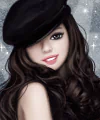 Stylized forum avatar of a smiling woman's face with long dark wavy hair and a black newsboy cap against a glittering, starry background.