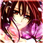 Close-up anime face with long dark red hair and amber eyes, soft smile, cherry blossom petals and pink glow — stylized forum avatar/pfp.